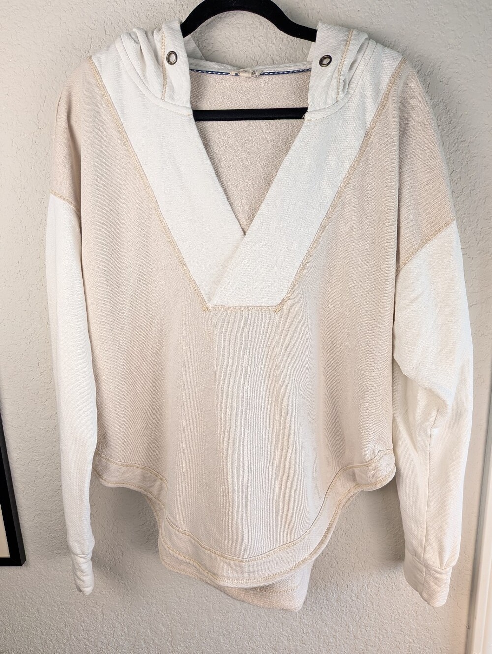 Anthropologie Cream and Beige Hooded V-Neck Sweater
